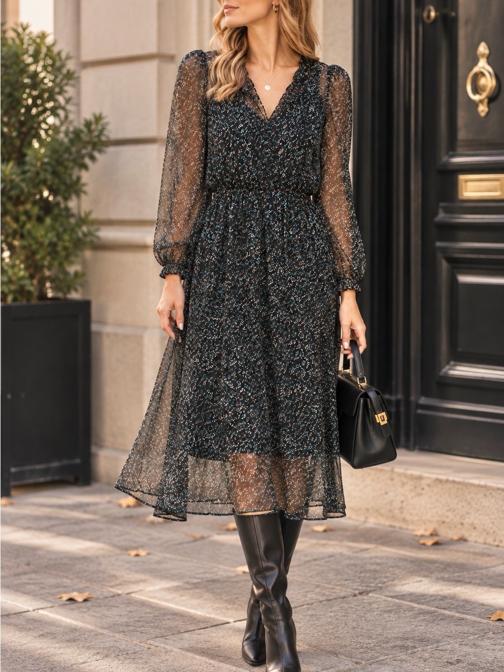 Banana Republic Puff Sleeve Lurex Black Sheer Midi Dress Womens L Sparkle